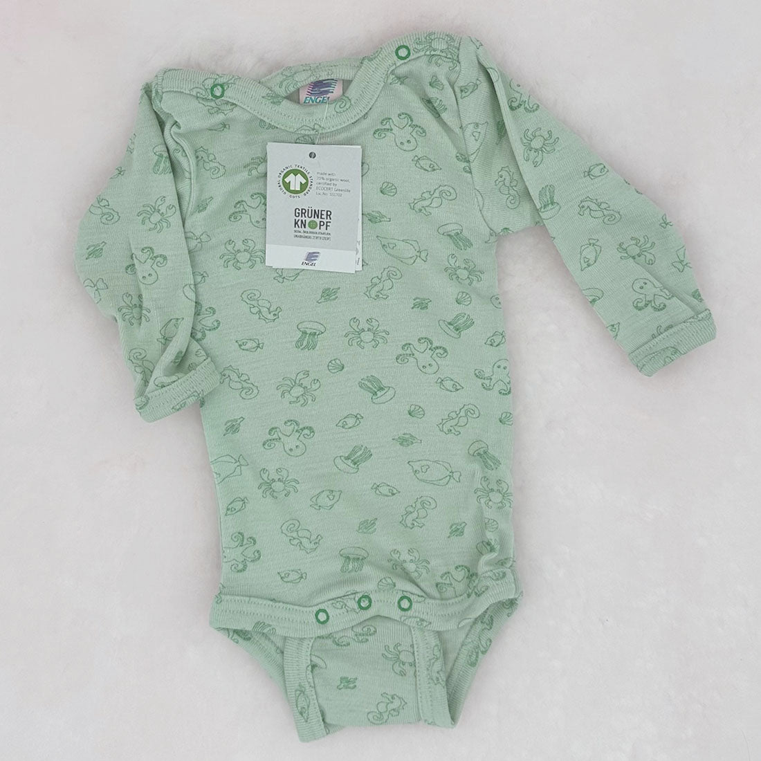 ENGEL Organic Wool/Silk Snap-Bottom Baby Body-Shirt, with SEA CREATURES