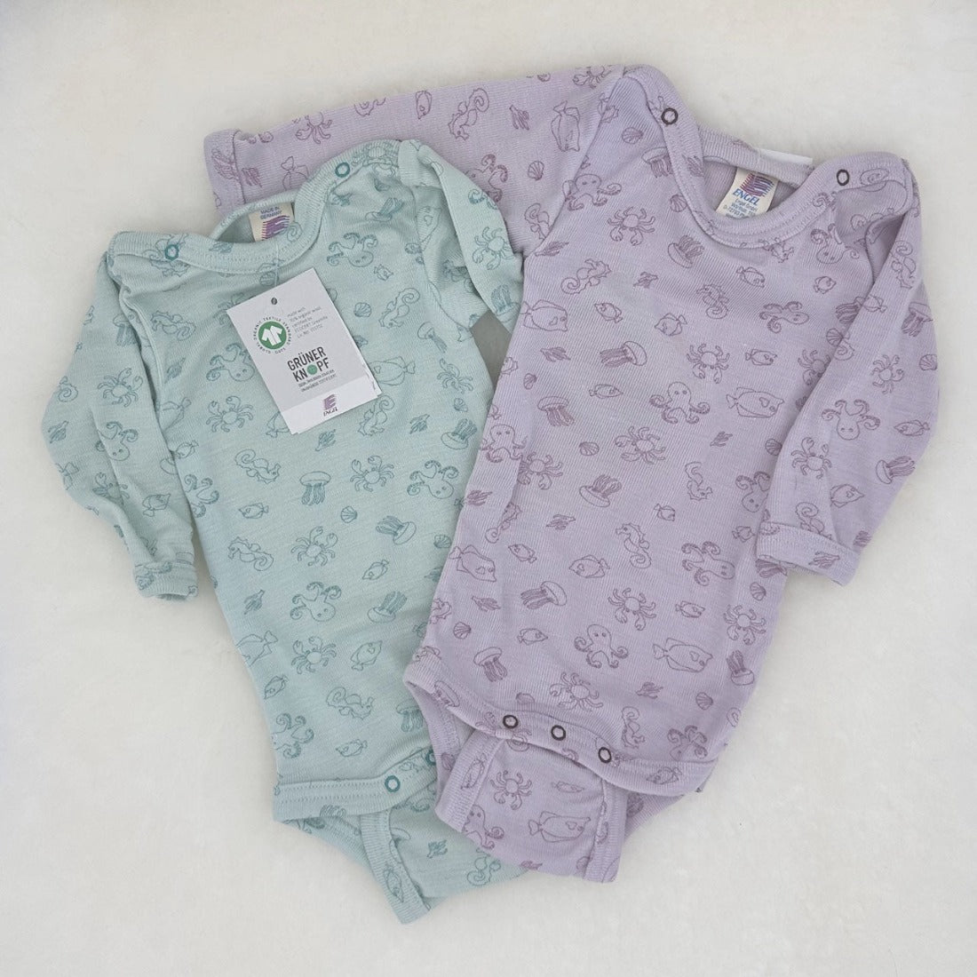 ENGEL Organic Wool/Silk Snap-Bottom Baby Body-Shirt, with SEA CREATURES