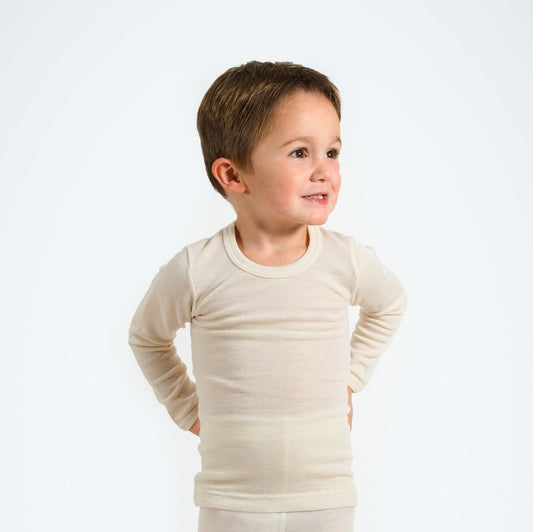 HOCOSA Kid's Organic Cotton/Silk Underwear Shirt with Long Sleeves - NATURAL WHITE