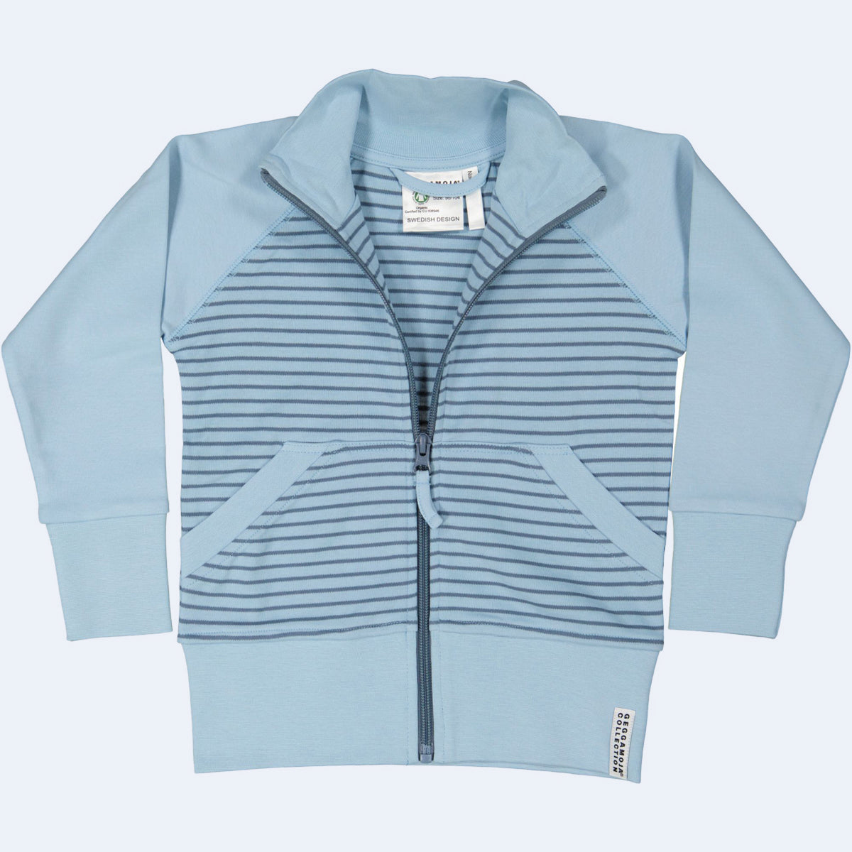 Geggamoja®  "Zipsweater" in Organic Cotton - LIGHT BLUE STRIPE, sizes up to 8 yr.