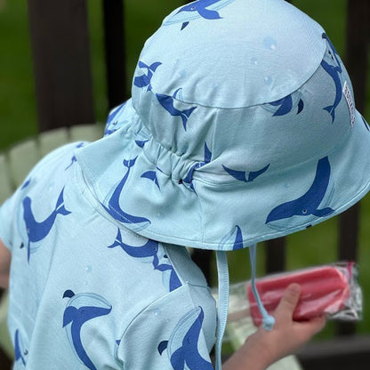 Geggamoja ® Sun Hat BLUE WHALES, in Soft Bamboo/Organic Cotton