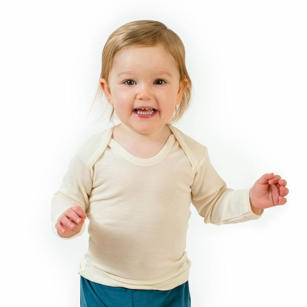 OUTLET HOCOSA Organic Wool/Silk Baby Shirt with Long Sleeves, Envelope Neckline