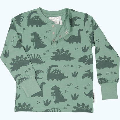 Geggamoja® Kids Long-Sleeve Henley Shirt in Organic Cotton/Bamboo - GREEN DINOS
