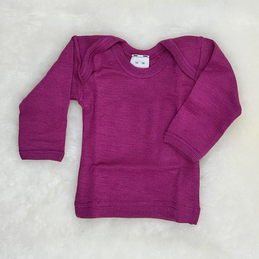 OUTLET HOCOSA Organic Wool/Silk Baby Shirt with Long Sleeves, Solid Fuchsia, Envelope Neckline