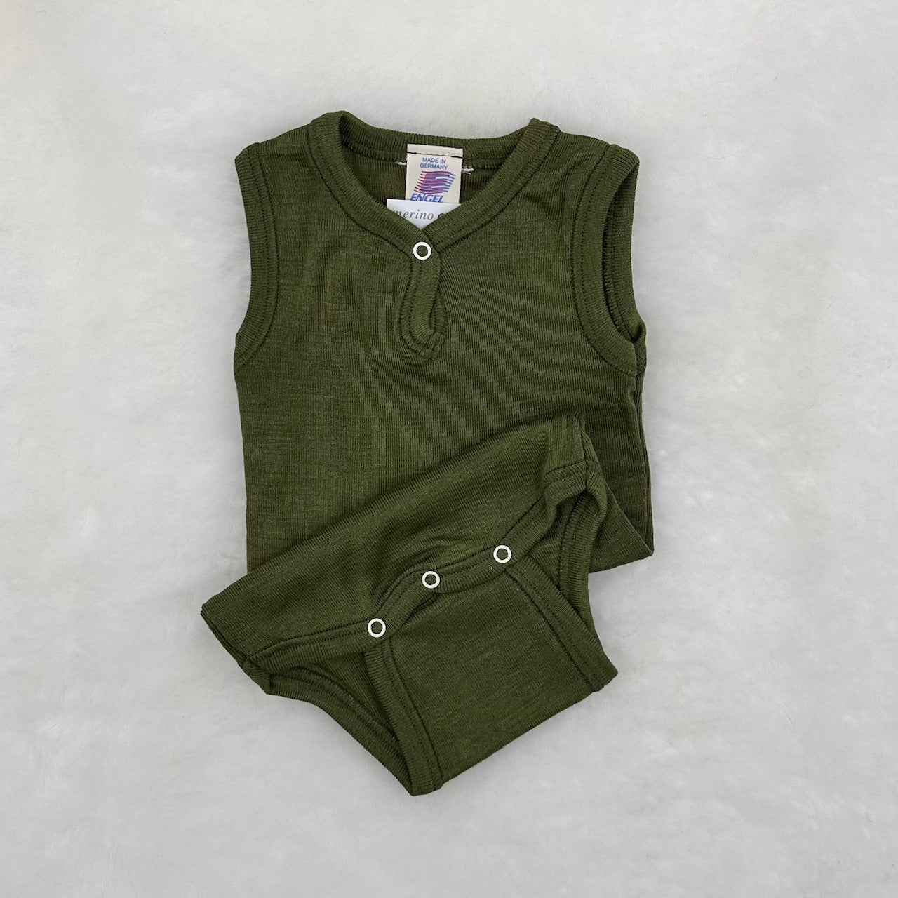 ENGEL Sleeveless Snap-Bottom Romper in Organic Wool/Silk for Baby/Toddler - color MOSS
