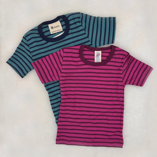 ENGEL Kids' Short Sleeve Shirt in Organic Wool/Silk - PINK & BLUE STRIPES