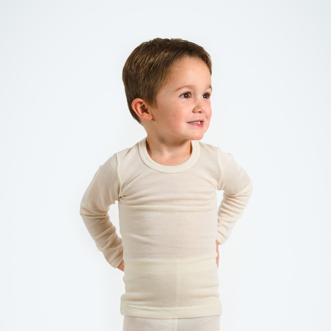 OUTLET HOCOSA Kid's Organic Cotton/Silk Underwear Shirt with Long Sleeves - NATURAL WHITE