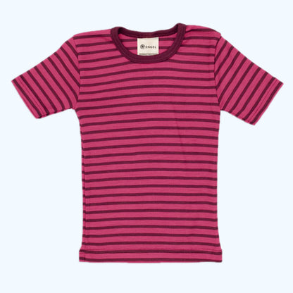ENGEL Kids' Short Sleeve Shirt in Organic Wool/Silk - PINK & BLUE STRIPES