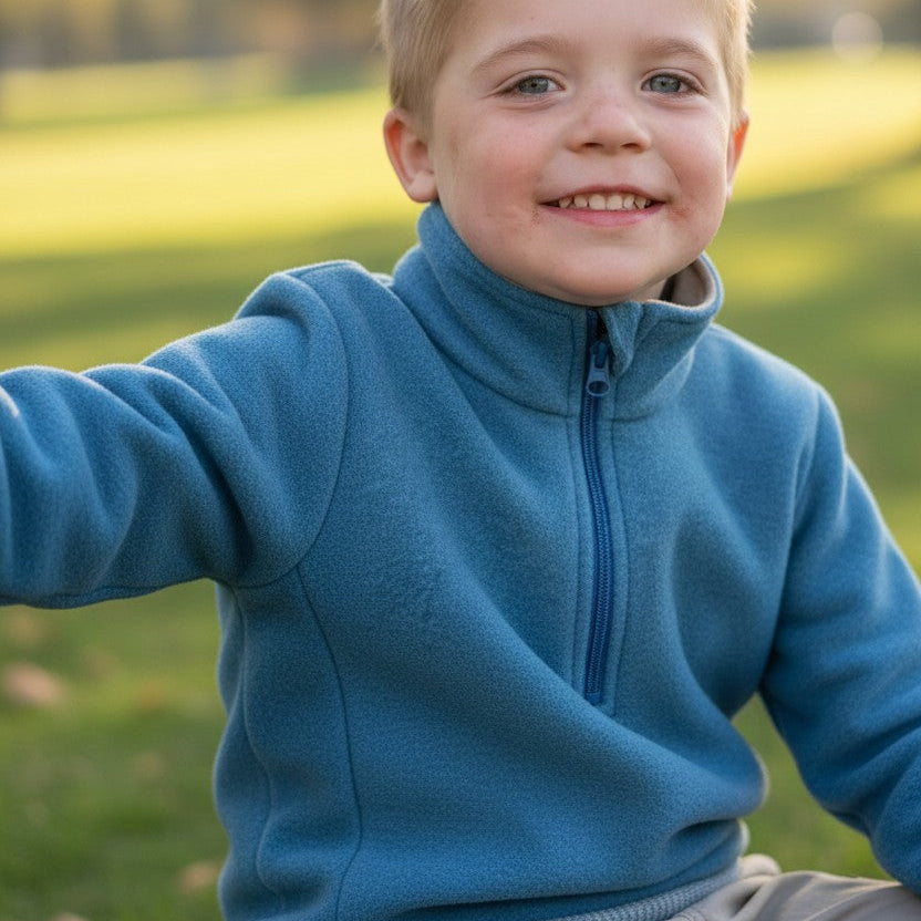DISANA Kids Half-Zip Sweater in Organic Light-Weight Boiled Wool