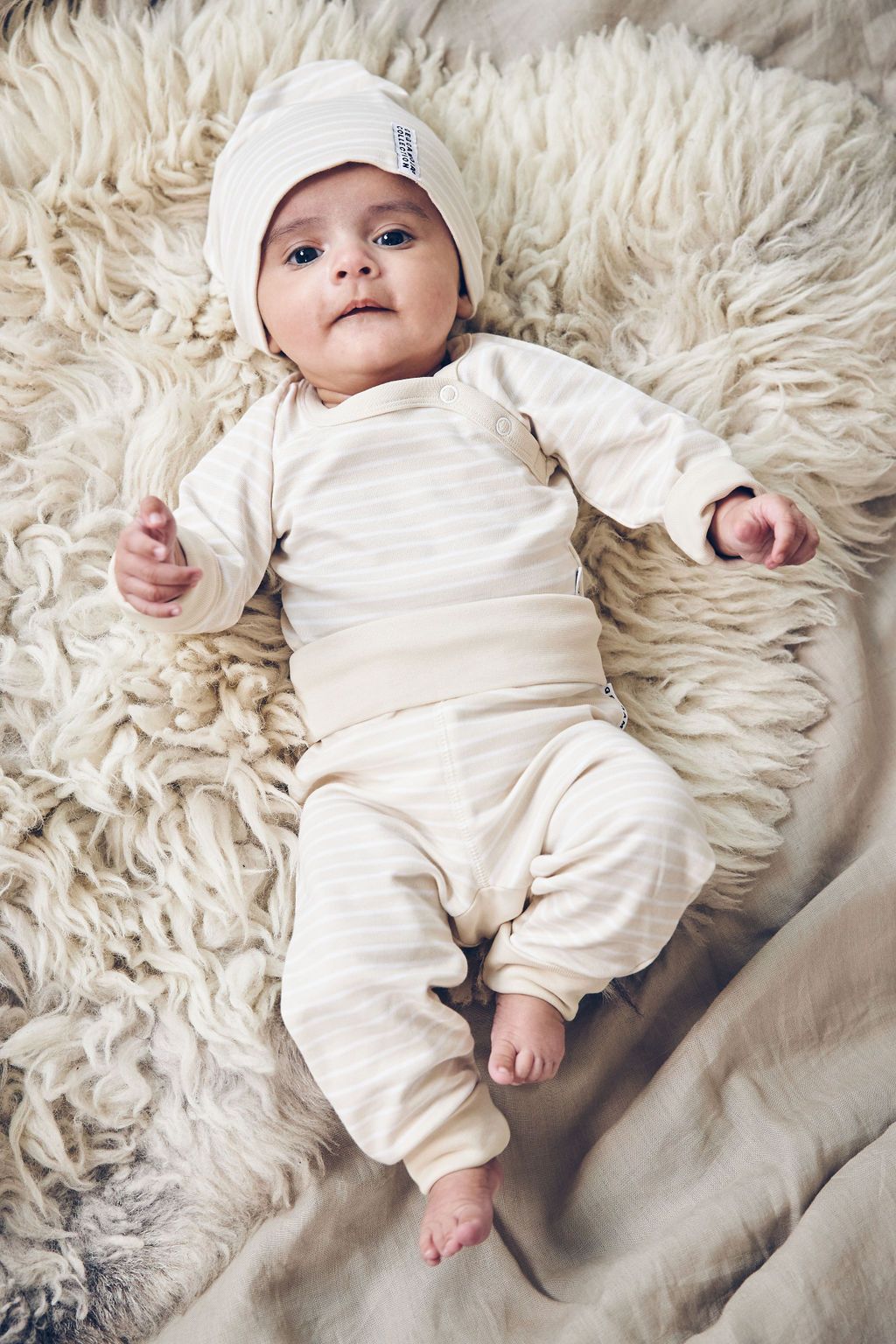 Geggamoja® Organic Cotton Baby Pants - BEIGE/WHITE STRIPE