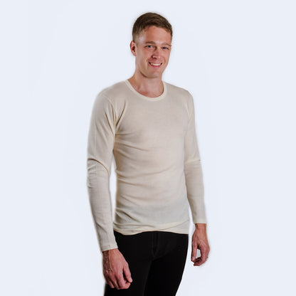 Organic Merino Wool-Silk Long-Underwear Shirt, Polo Neck, Natural White, XS  at  Men's Clothing store