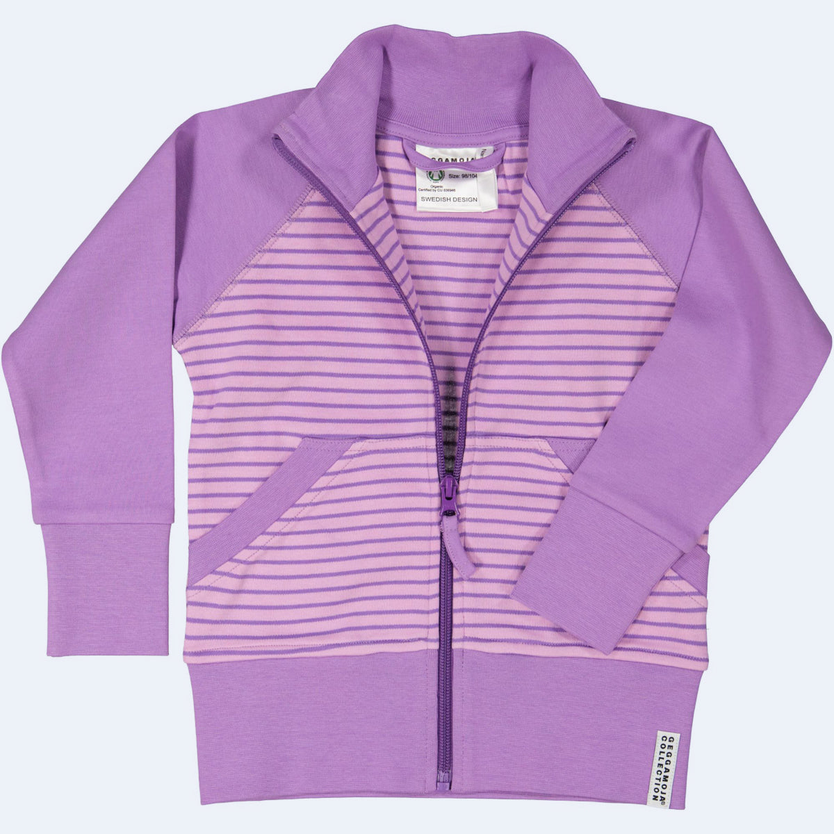 Geggamoja® Classic Swedish "Zipsweater" in Organic Cotton Jersey - LIGHT PURPLE STRIPE